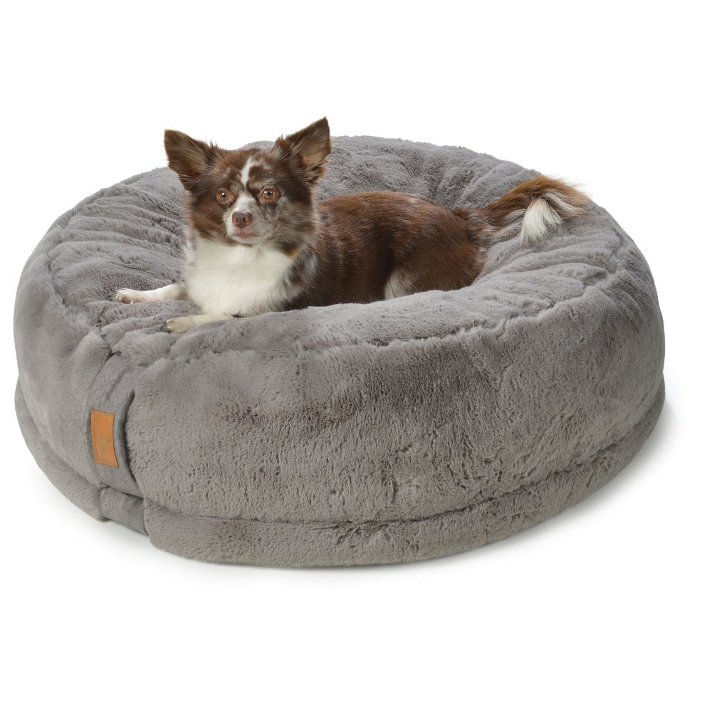 Orthopaedische Hundebetten Groessen S mit 70cm, M mit 90cm und L mit 100cm Durchmesser mit liegenden Hunden